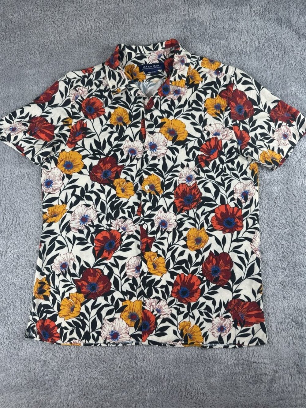 Zara Man Relaxed Fit Short Sleeve Button Up Shirt Floral Viscose Multicolor